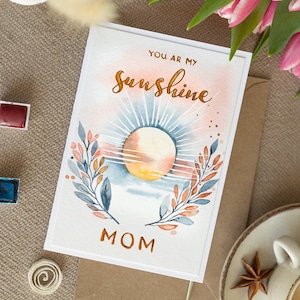 Biglietto per la festa della mamma, biglietto per acquerello fatto a mano, regalo di buon compleanno, regalo per la mamma, pittura ad acquerello, alba sul mare, regalo di lusso.