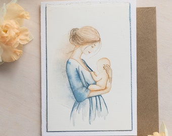 Carte personnalisée de fête des mères, aquarelle faite main, cadeau de luxe pour nouvelle maman, cadeau de baby shower, carte de voeux originale