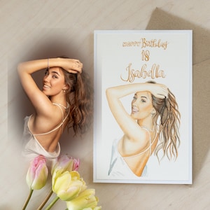 Carta di commissione, dipinto con ritratto ad acquerello personalizzato personalizzato fatto a mano da foto, regalo di buon 18° compleanno, biglietto di compleanno 18, art