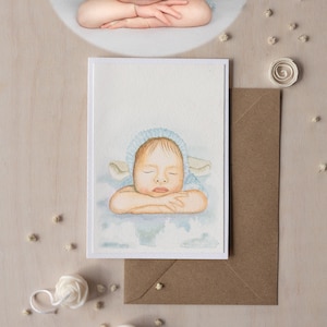 Carte de commande, portrait aquarelle personnalisé à partir d'une photo, carte avec le signe du zodiaque BÉLIER, faire-part de naissance personnalisé, oeuvre d'art