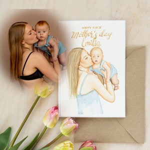 Tarjeta de comisión, pintura de retrato de acuarela personalizada hecha a mano de la foto, feliz primer regalo del día de las madres, saludo del día de las madres
