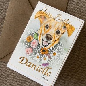 Cartão feito à mão personalizado, arte em aquarela, presente de luxo para amigos, presente para amantes de cães, retrato de cachorro, pintura em aquarela,