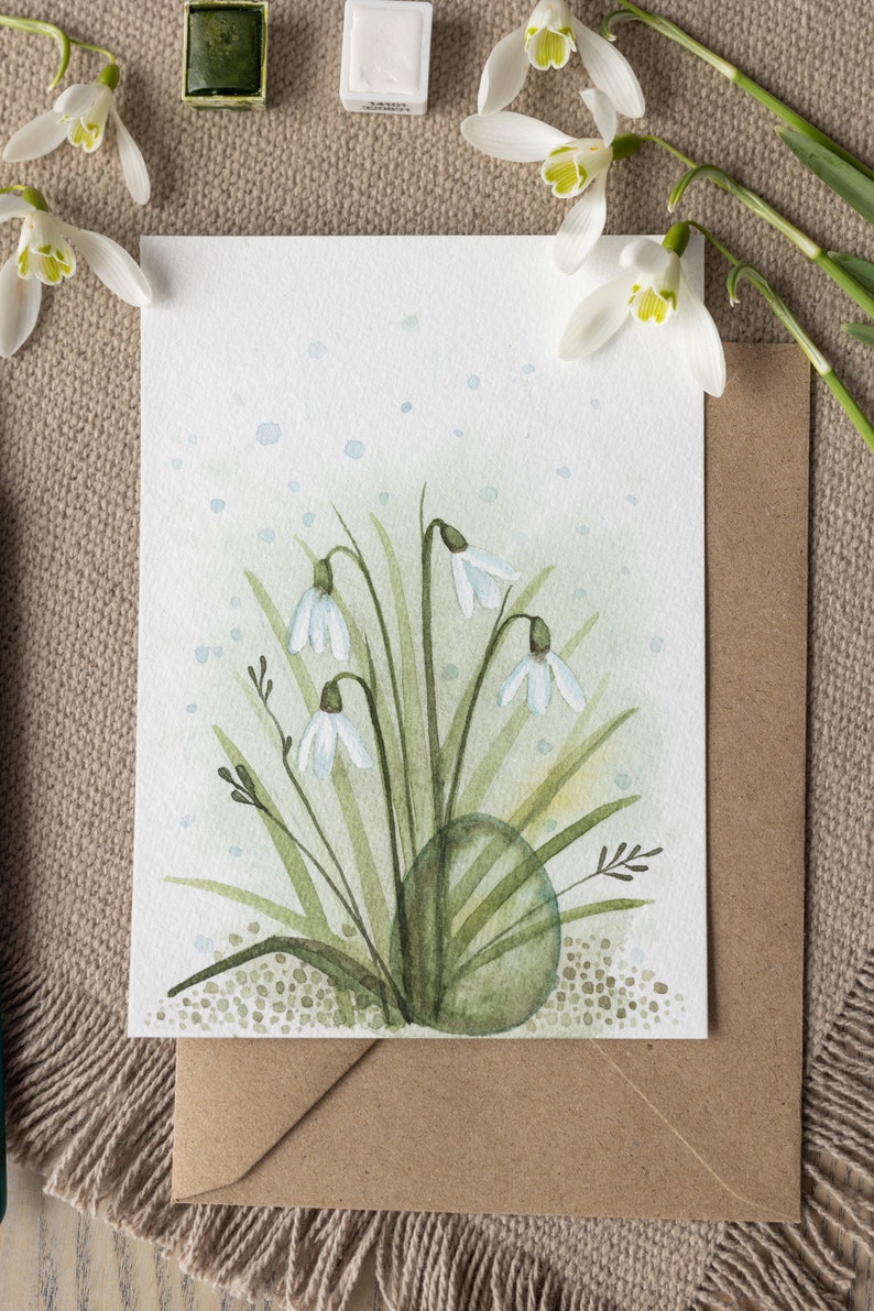 Easter Greeting Posters, Handmade Watercolour Easter Greeting Posters Featuring a Easter Egg and Snowdrops, Interior Decor, Easter gift, Art