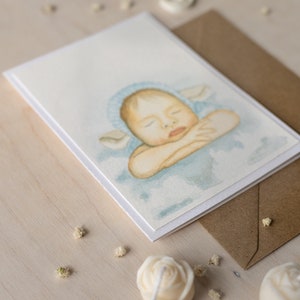 Handmade watercolour greeting card. Side view. The drawing is made on 100% cotton paper with a weight of 300 g/m2 and mounted on folded 50% cotton paper with a weight of 300 g/m2. Therefore, the card is very sturdy and luxurious.