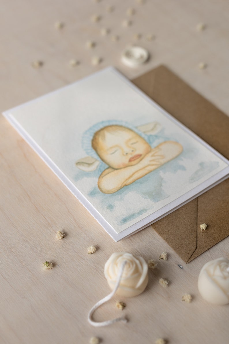 Handmade watercolour greeting card. Side view. The drawing is made on 100% cotton paper with a weight of 300 g/m2 and mounted on folded 50% cotton paper with a weight of 300 g/m2. Therefore, the card is very sturdy and luxurious.