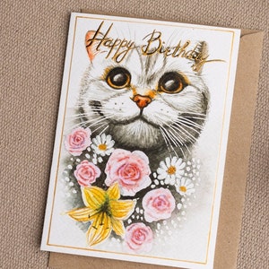 Carte d'anniversaire faite main, aquarelle, cadeau de luxe pour ami, amoureux des chats, portrait d'animal de compagnie, décoration intérieure luxueuse