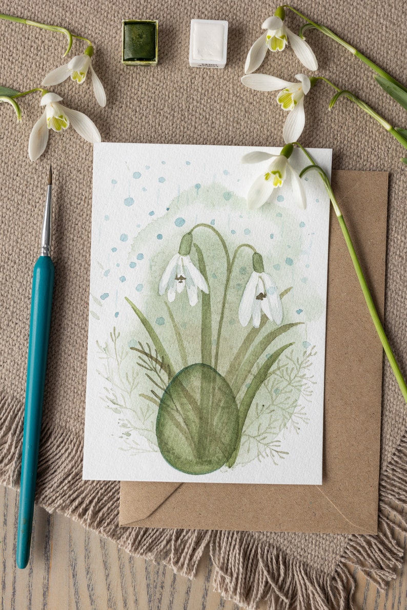 Easter Greeting Posters, Handmade Watercolour Easter Greeting Posters Featuring a Easter Egg and Snowdrops, Interior Decor, Easter gift, Art