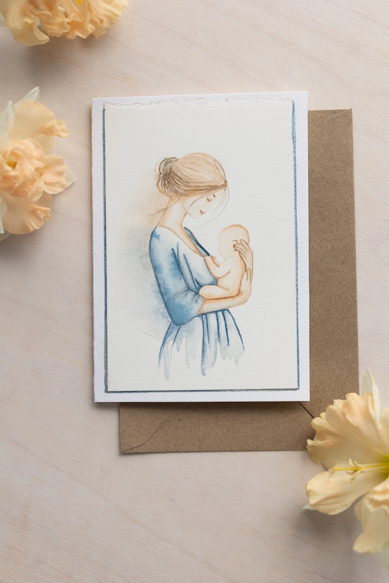 Personalised First Mothers day card, Handmade Watercolour Art, Luxury Gift for New Mom, Baby Shower Gift, Original greeting card