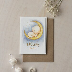 Baby shower handgemaakte aquarel wenskaart, Gefeliciteerd zwangerschapsgroeten, welkomstkaart voor baby, nieuwe babykaart, cadeau voor nieuwe moeder, kunst.