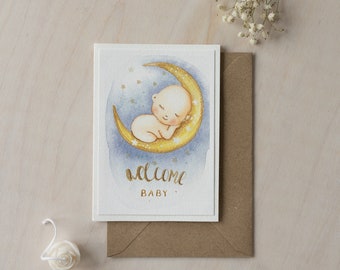 Carte de voeux aquarelle faite main pour baby shower, félicitations pour la grossesse, carte de bienvenue pour bébé, carte pour nouveau-né, cadeau pour une nouvelle maman, oeuvre d'art.