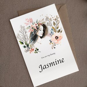 Fichier JPG imprimable numérique téléchargeable à partir d'oeuvres d'art aquarelle peintes à la main fille rêveuse fleurs décoration d'intérieur carte de voeux personnalisée