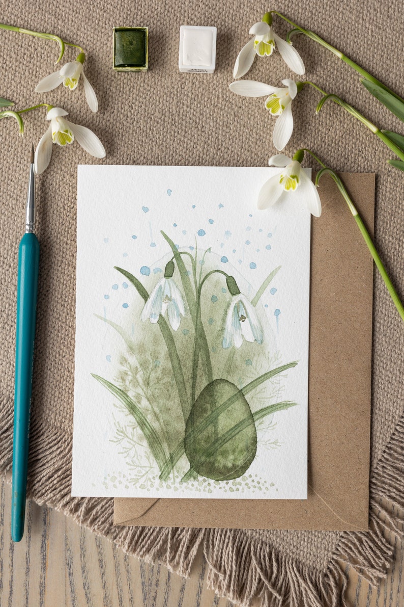 Easter Greeting Posters, Handmade Watercolour Easter Greeting Posters Featuring a Easter Egg and Snowdrops, Interior Decor, Easter gift, Art