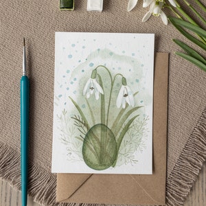 Carteles de saludo de Pascua, carteles de saludo de Pascua de acuarela hechos a mano con un huevo de Pascua y campanillas de invierno, decoración de interiores, regalo de Pascua, arte