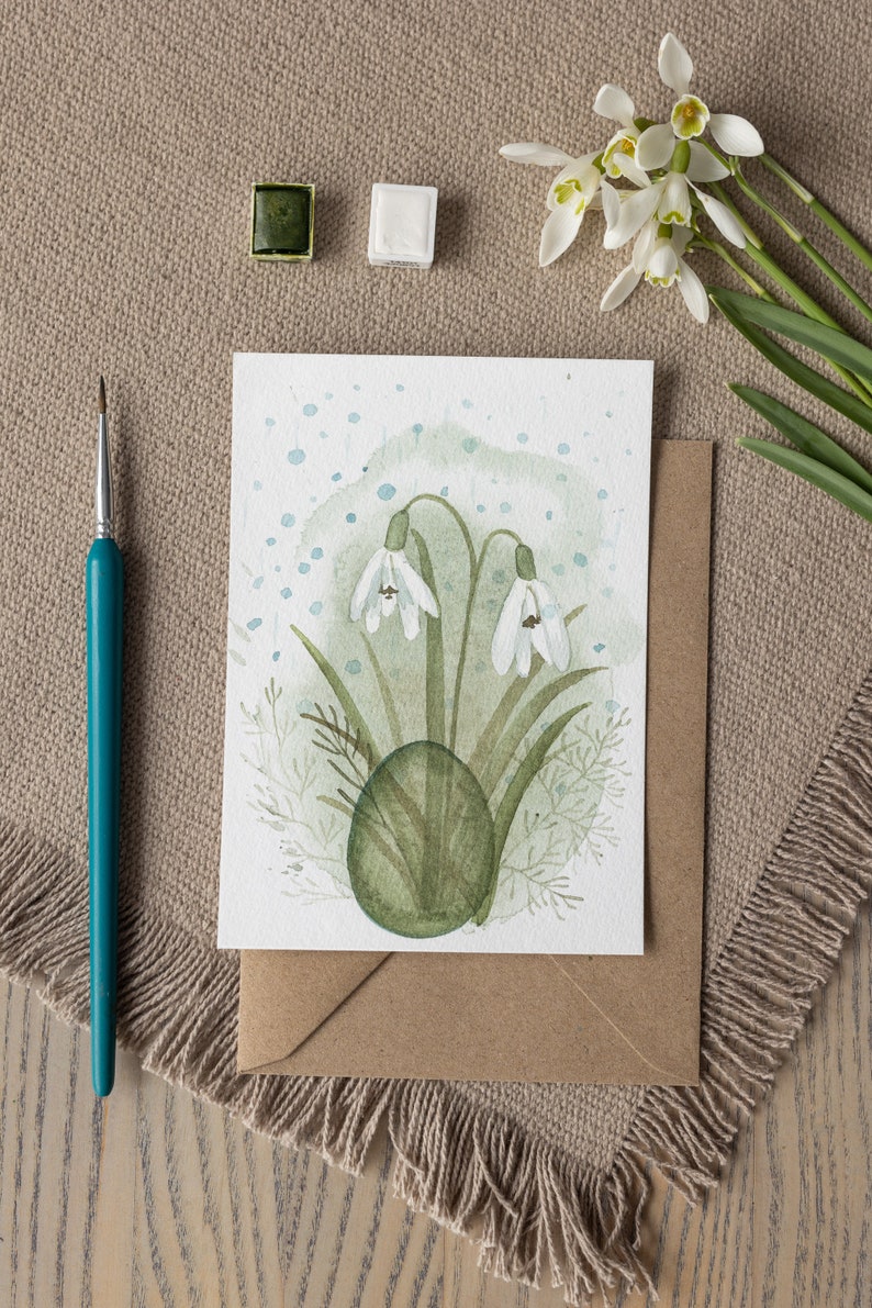 Easter Greeting Posters, Handmade Watercolour Easter Greeting Posters Featuring a Easter Egg and Snowdrops, Interior Decor, Easter gift, Art