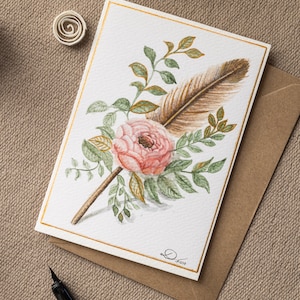 Handmade watercolor greeting card. The postcard depicts a rose-adorned feather. On this card I can write any name  and occasion you desire.