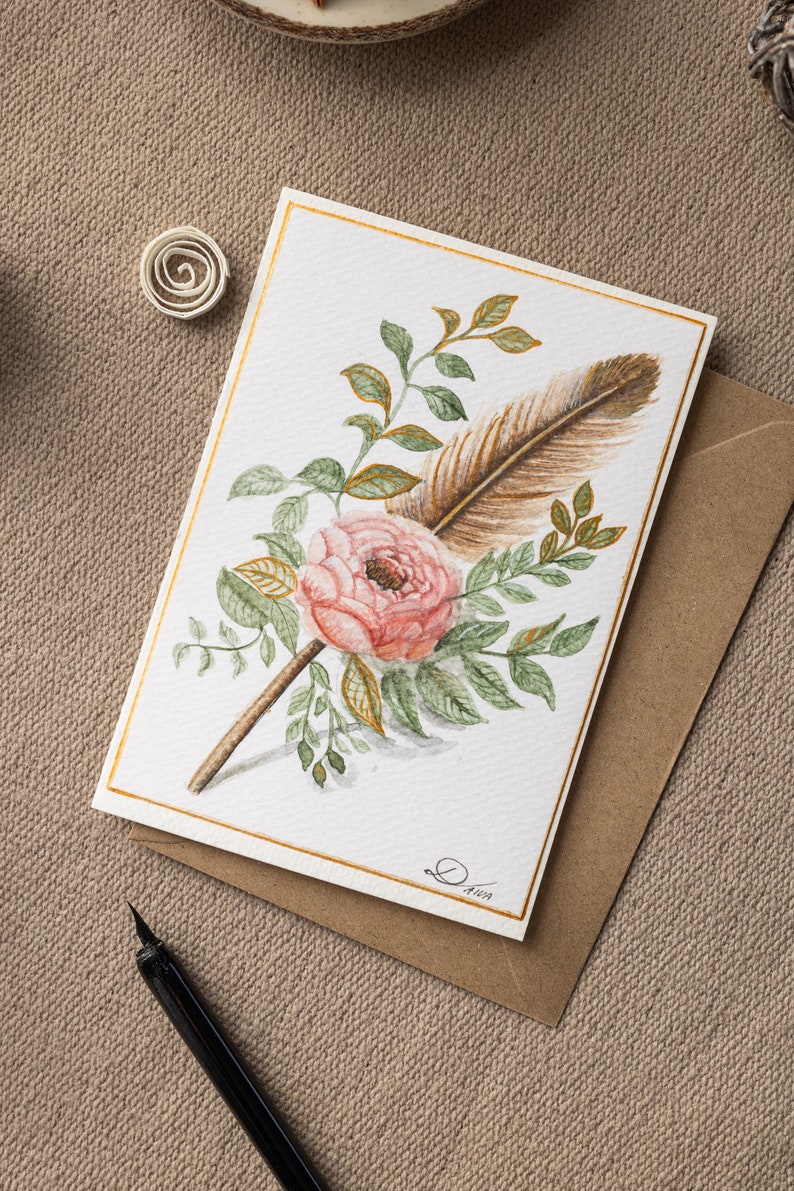 Handmade watercolor greeting card. The postcard depicts a rose-adorned feather. On this card I can write any name  and occasion you desire.