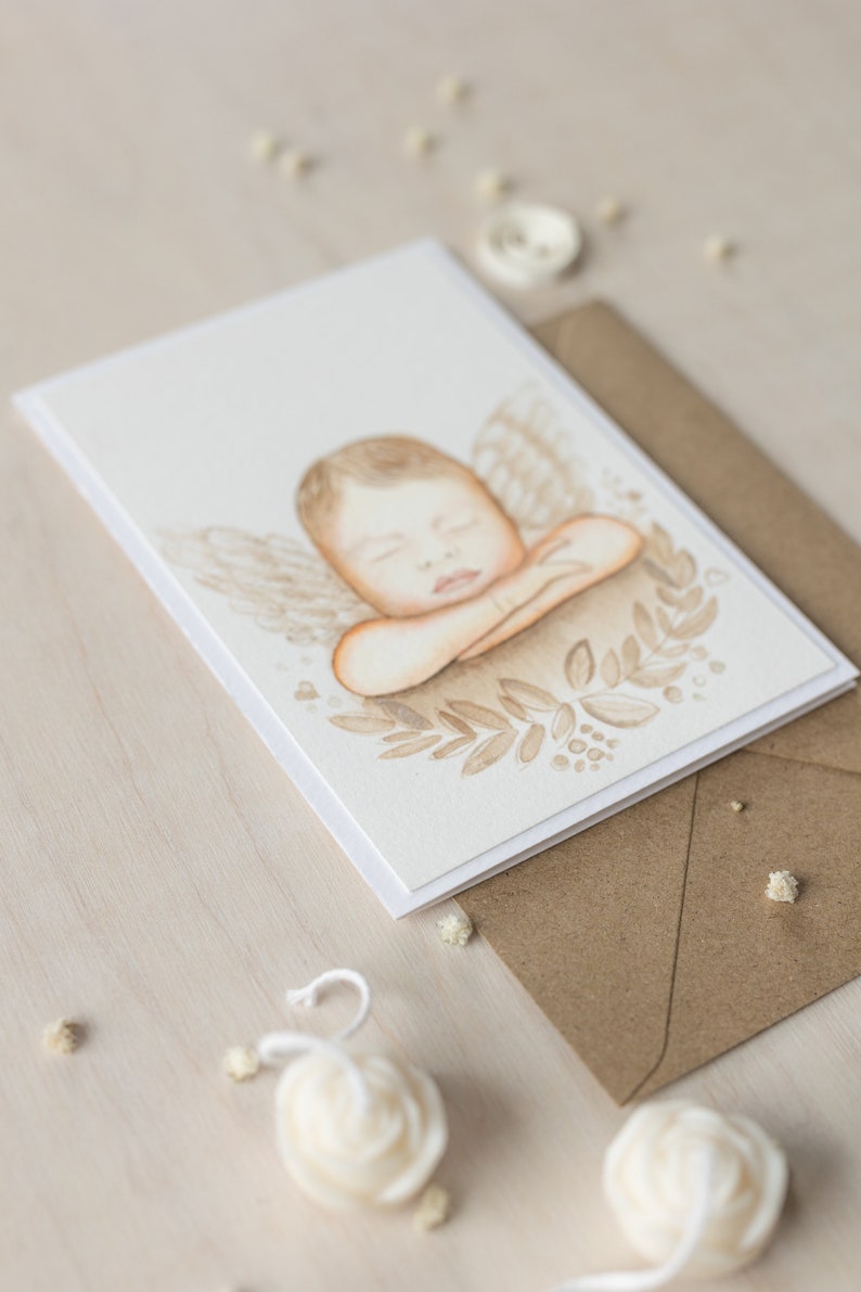 Handmade watercolour greeting card. Side view. The drawing is made on 100% cotton paper with a weight of 300 g/m2 and mounted on folded 50% cotton paper with a weight of 300 g/m2. Therefore, the card is very sturdy and luxurious.