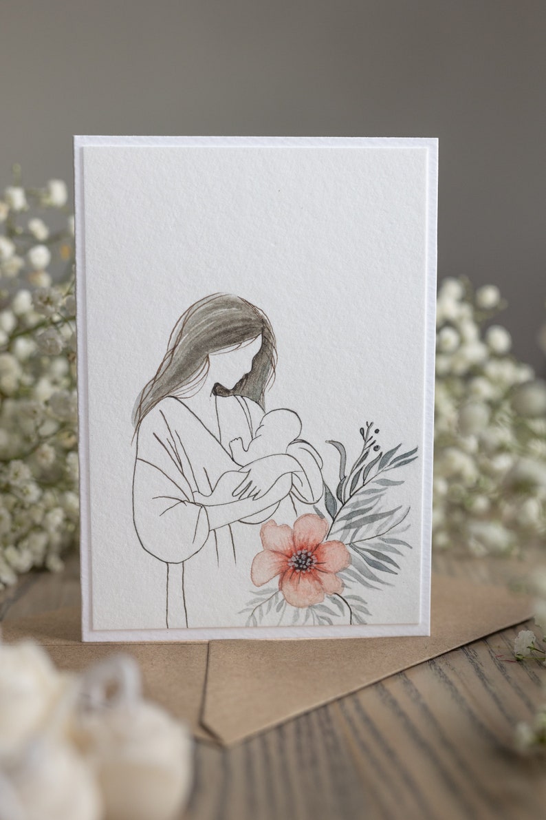 Personalised First Mothers day card, Handmade Watercolour Art, Luxury Gift for New Mom, Baby Shower Gift, Original greeting card