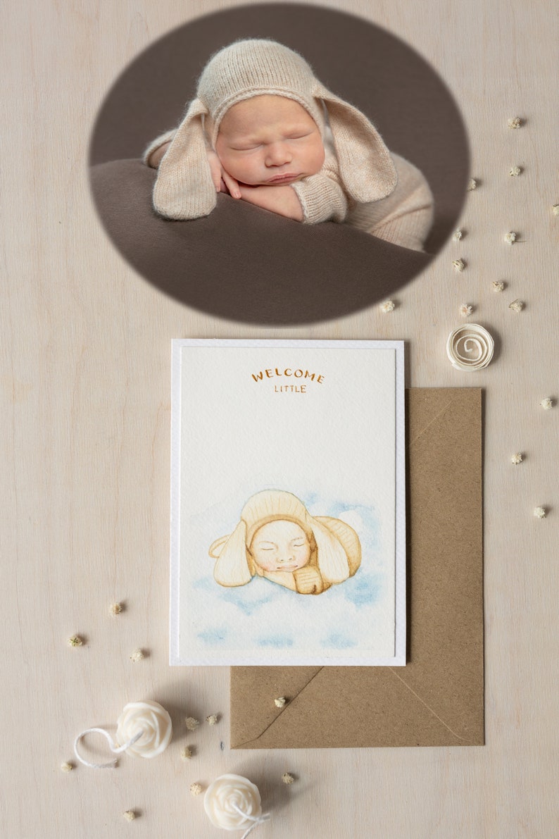 Commission card, Custom Watercolor Portrait Painting from Photo, Original greeting card from photo, Personalised Birth announcement, Art