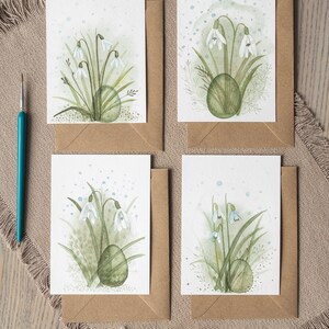 Set of four Easter Greeting Posters, Handmade Watercolour Easter Greeting Posters Featuring a Easter Egg and Snowdrops, Interior Decor, Easter gift, Art