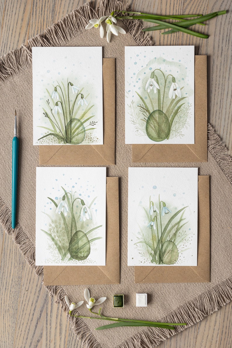 Set of four Easter Greeting Posters, Handmade Watercolour Easter Greeting Posters Featuring a Easter Egg and Snowdrops, Interior Decor, Easter gift, Art