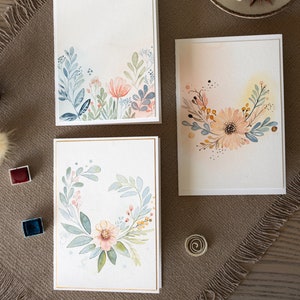 Ensemble de 3 cartes dessinées à la main, cartes dessinées à l'aquarelle de fleurs, ensemble de cartes de joyeux anniversaire, ensemble de cartes de remerciement, cartes de voeux personnalisées