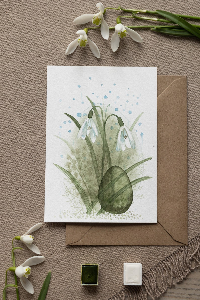 Easter Greeting Posters, Handmade Watercolour Easter Greeting Posters Featuring a Easter Egg and Snowdrops, Interior Decor, Easter gift, Art