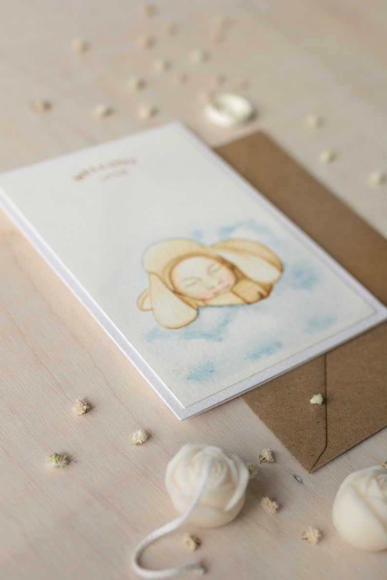 Handmade watercolour greeting card. Side view. The drawing is made on 100% cotton paper with a weight of 300 g/m2 and mounted on folded 50% cotton paper with a weight of 300 g/m2. Therefore, the card is very sturdy and luxurious.