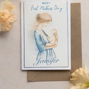 Personalised First Mothers day card, Handmade Watercolour Art, Luxury Gift for New Mom, Baby Shower Gift, Original greeting card