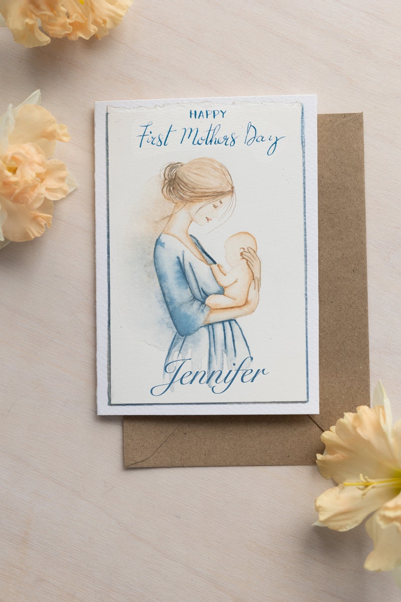 Personalised First Mothers day card, Handmade Watercolour Art, Luxury Gift for New Mom, Baby Shower Gift, Original greeting card