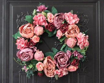 Pink peony and Rose wreath for front door, Spring summer door wreath, Handmade spring wreath, Artificial peony outdoor wreath, All season