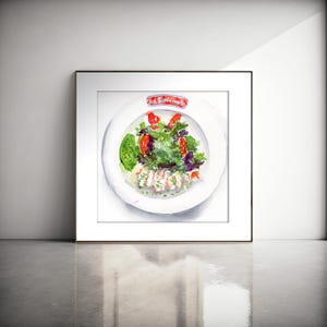 Stampa artistica ad acquerello con insalata di gamberi / Illustrazione di cibo Le Diplomate DC / Decorazione murale stravagante per ristorante, cucina o sala da pranzo