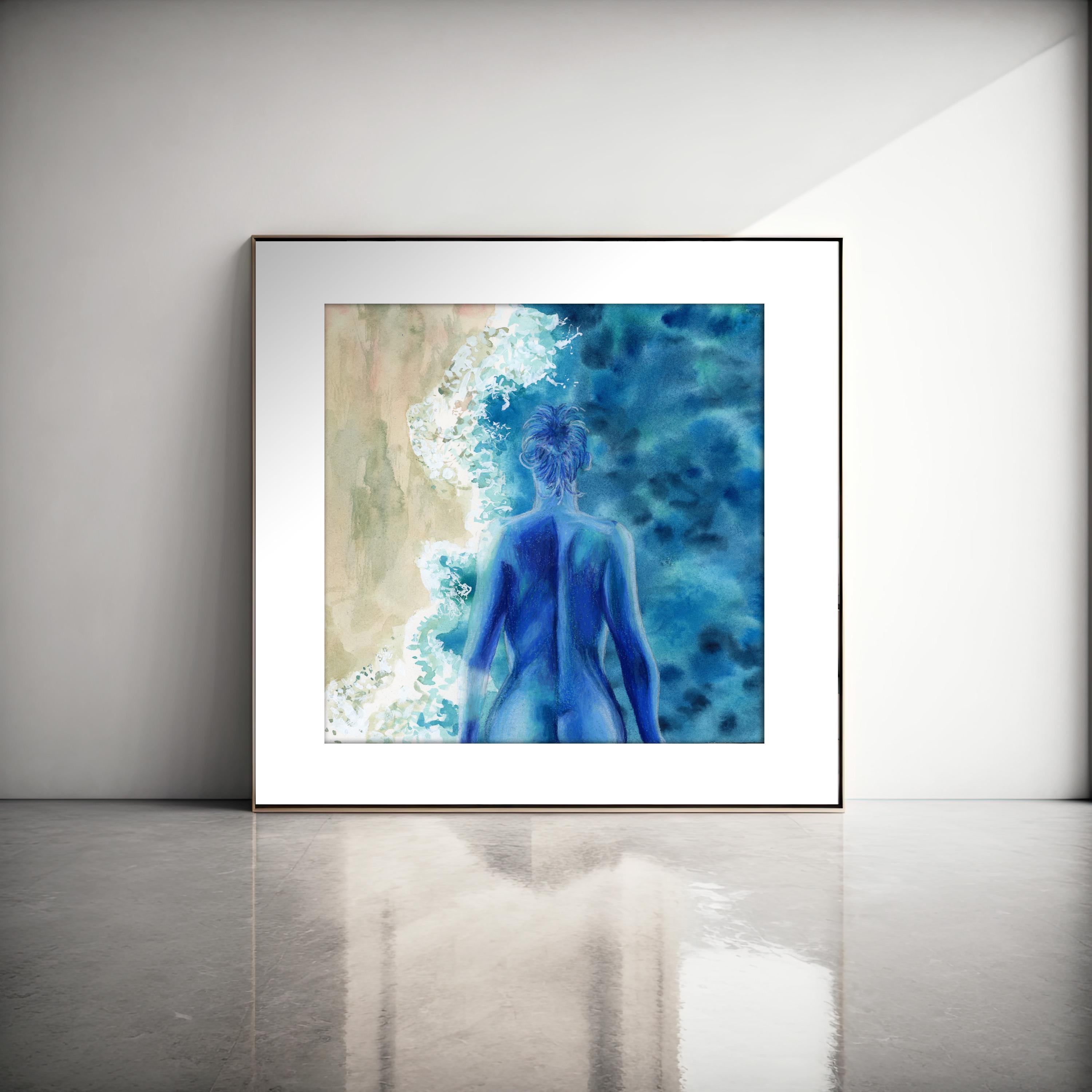 Ocean Woman Art Print – Colored Pencil and Watercolor of Blue Feminine Silhouette, Surreal Coastal Wall Art, Beach Scene Illustration