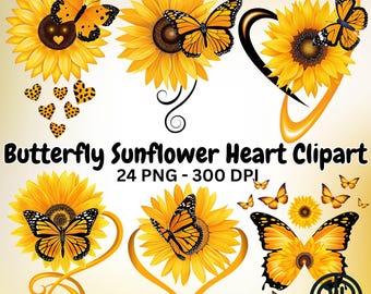 Marco PNG con forma de corazón de girasol y mariposa, descarga digital, diseño floral de sublimación, arte imprimible para camisetas, tazas, pegatinas, manualidades y decoración.