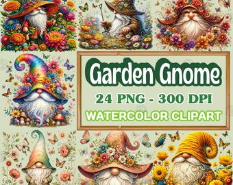 Watercolor Garden Gnome Clipart, Cute Gnomes with Butterfly & Flowers PNG, Spring Decoration, Sublimation Bundle, Gardeners Sublimate