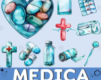 Acuarela médica PNG, imágenes prediseñadas de atención sanitaria, imágenes prediseñadas de herramientas de médico de enfermería, iconos hospitalarios, paquete de ilustración de salud de medicina, uso comercial