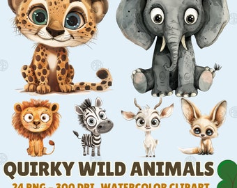 Watercolor Quirky Safari Animals PNG, Silly Wild Animal Clip Art, Cartoon Wildlife Clipart, Whimsical Wall Art Prints, Nature Jungle Bundle