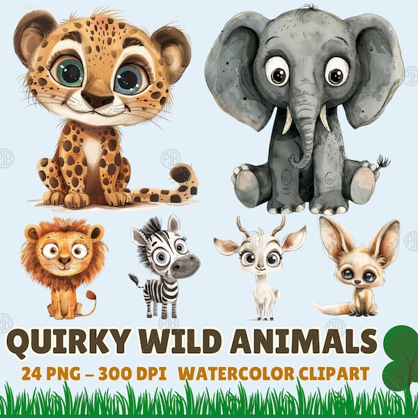 Watercolor Quirky Safari Animals PNG, Silly Wild Animal Clip Art, Cartoon Wildlife Clipart, Whimsical Wall Art Prints, Nature Jungle Bundle
