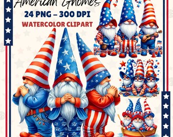 Peut inclure: Un ensemble de 24 images clipart numériques en aquarelle de gnomes portant des vêtements rouge, blanc et bleu avec des motifs de drapeaux américains. Le texte "American Gnomes" et "24 PNG - 300 DPI WATERCOLOR CLIPART" est inclus dans l'image.