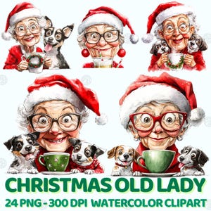 Watercolor Christmas Old Lady with Coffee and Pets PNG, Fun Holiday Clip Art, Funny Grandma Clipart, Illustration Bundle, Commercial Use