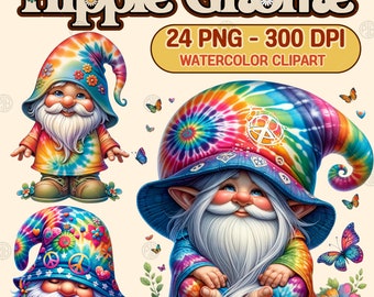Acuarela Hippie Gnomo PNG, Lindo Tie Dye Gnomos Clipart, Soul Clip Art, Arte de la pared de la paz, Gnomo hippie de fantasía, Paquete de sublimación
