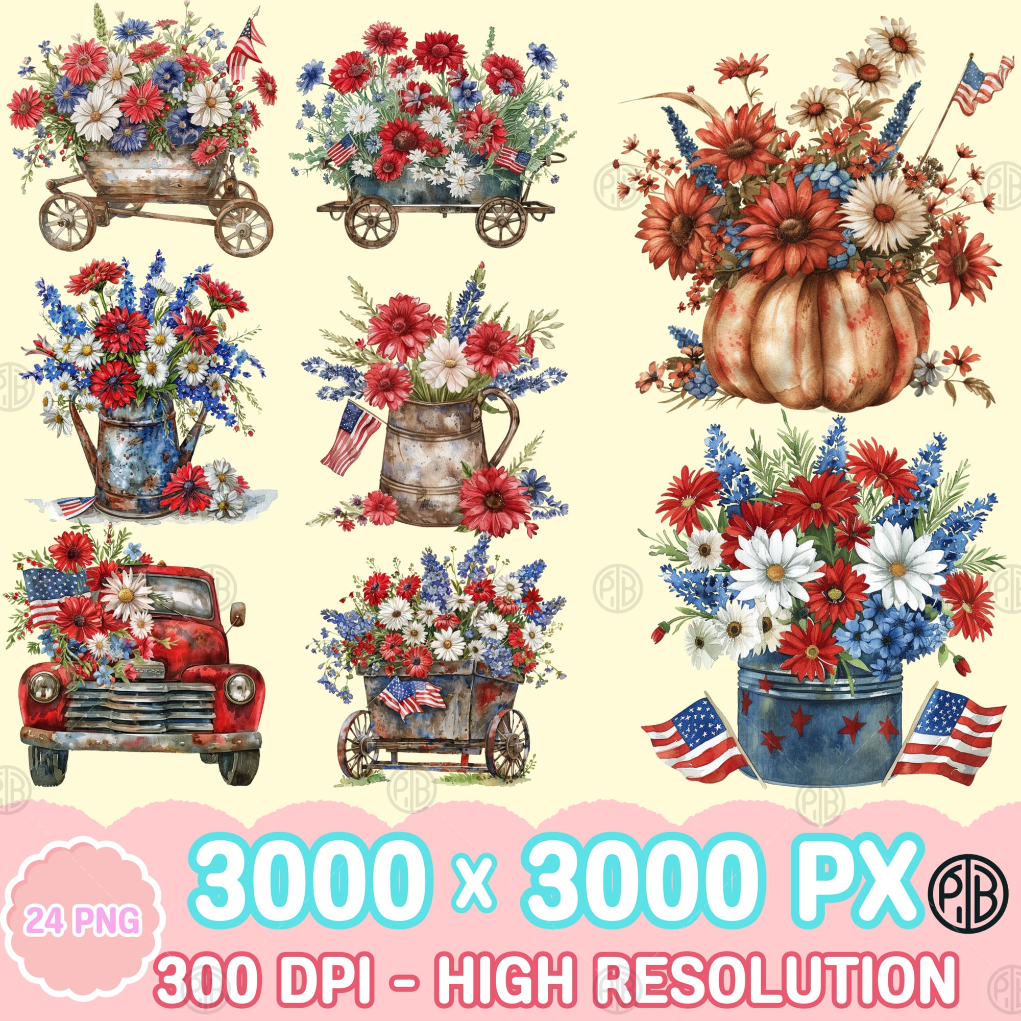 Watercolor Rustic 4th of July Flowers PNG, Patriotic Clip Art, Vintage ...