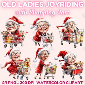 Ancianas en acuarela paseando con carrito de compras PNG, clip art navideño divertido, clipart de abuela, paquete de ilustraciones, uso comercial