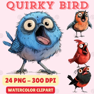 Watercolor Quirky Cartoon Bird Breed PNG, Birds Collection Clip Art, Wild Animal Clipart, Nature Wall, Whimsical Natural Wildlife Bundle