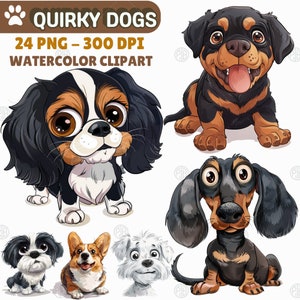 Aquarell schrullig Hunde PNG, lustiger Hund Clipart, wunderliche Welpe Clip Art, Tiere Wandkunst, dumme Haustiere, niedliches längliches Cartoon-Bundle