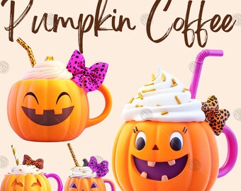 Watercolor Pumpkin Coffee PNG, Cute Halloween Mug Clip Art, Kawaii Whipped Cream Clipart, Autumn Fall Thanksgiving Bundle, Commercial Use