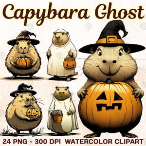 Watercolor Capybara Ghost Halloween PNG, Funny Autumn Clip Art, Cute Festive Clipart, Spooky Pumpkin, Illustration Bundle, Commercial Use