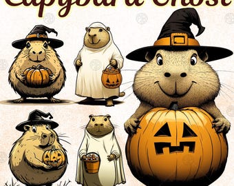Aquarell Capybara Geist Halloween PNG, lustige Herbst Clip Art, niedliche festliche Clipart, gruseliger Kürbis, Illustration Bundle, kommerzielle Nutzung