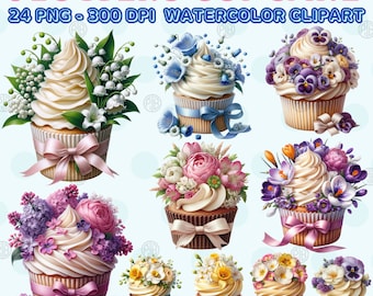 Cupcake de flores de acuarela PNG, retrato de clip art de dulces, pinturas de imágenes prediseñadas de golosinas, impresiones de pared de postres, paquete de ilustración floral de primavera