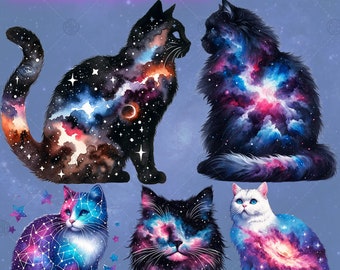 Acuarela cielo nocturno gato PNG, imágenes prediseñadas de gatito celestial, clip art del universo de fantasía, arte de pared de gato misterioso, paquete del zodíaco místico